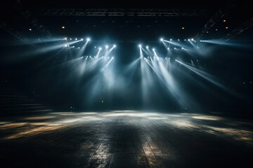 Empty stage with wooden floor in the rays of spotlights with cold light. Generated by artificial...
