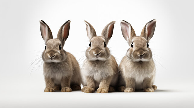 Trio of cute brown rabbits sit side by side.