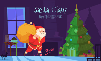 Christmas background with cartoon Santa Claus leaving presents on a christmas tree