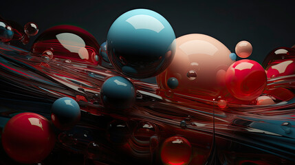 A vibrant abstract scene with glossy spheres and flowing ribbons in red and blue hues, creating a sense of movement and depth