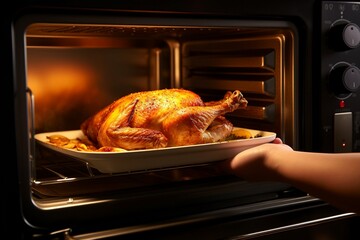 The woman taking the roasted chicken out of the microwave,  Roasted chicken at the microwave, roasted chicken closeup view, microwave and chicken closeup