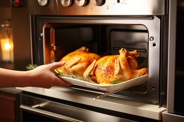 The woman taking the roasted chicken out of the microwave,  Roasted chicken at the microwave, roasted chicken closeup view, microwave and chicken closeup