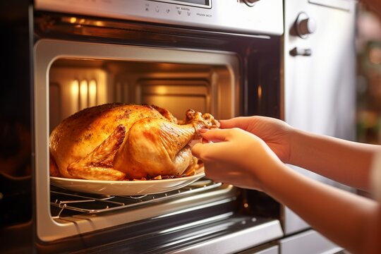 The woman taking the roasted chicken out of the microwave,  Roasted chicken at the microwave, roasted chicken closeup view, microwave and chicken closeup