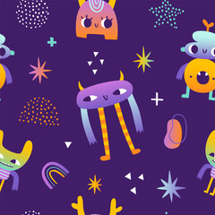 Psychedelic pattern with abstract colorful monsters. Surreal gradient seamless vector print with cute aliens.
