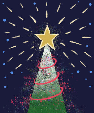 Festive, sketchy, hand drawn Christmas tree with snow and shining star, in retro style