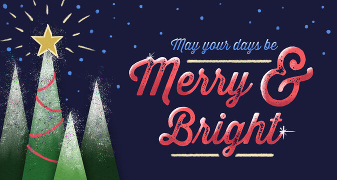 Merry and Bright banner text with decorated snowy Christmas tree and shining star