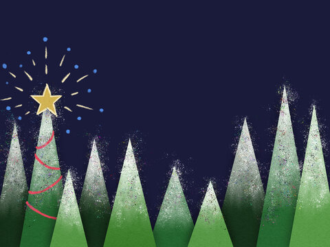 Christmas tree in snowy forest with shining star - sketchy charcoal background