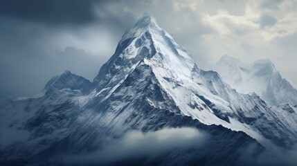 Fototapeta na wymiar A snowy mountain scene with a snowy mountain behind it