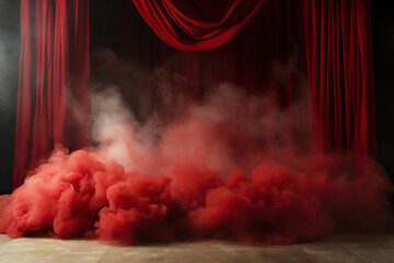 Scene with a red curtain in a cloud of smoke and spotlight. Generative AI