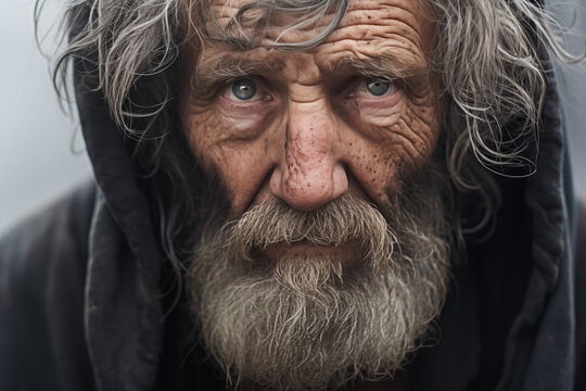 Close-up of the sad face of a white senior man with gray hair, a mustache, a beard, deep wrinkles on the skin, gray eyes, and an old hoodie with a hood, looking at the camera.