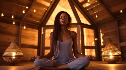 Foto auf Leinwand Solitude and meditation surrounded by aromatic candles. Aromatherapy. A young woman meditates in the lotus position in a spacious yoga studio in nature. © Stavros