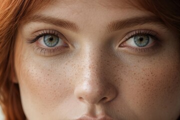 Close-up of the beautiful blue eyes of a red-haired woman with freckles. A direct look at the camera.