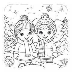 Cartoon style happy kids in winter clothes coloring page,