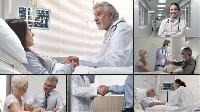 medical healthcare video montage multiscreen of caring positive doctors and patients