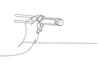 Sushi set, Philadelphia roll, maki, Sushi roll with chopsticks in hand one line art. Continuous line drawing of sushi, japanese, food, roll, culture, tasty, restaurant, japan, asian, sea, menu