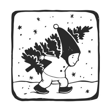 Vector hand-drawn illustration of an elf with a Christmas tree in linocut style. Black and white sketch with a New Year's symbol for creating a stamp.