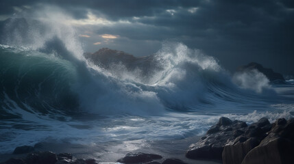 Fototapeta premium Storm at sea and ocean. Ocean waves. Big waves at night.