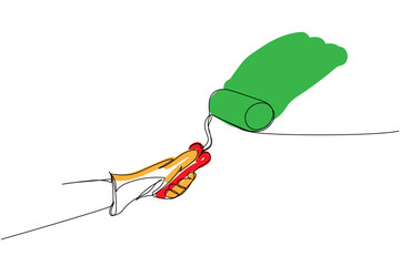 Paint roller in hand, protective gloves, roller leaves a trace one line art. Continuous line color drawing of repair, professional, service, concept, support, maintenance, work, technician, wrench.