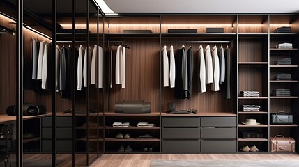 Fototapeta na wymiar Elegant minimalist male walk in wardrobe with clothes hanging on rods, shelves and drawers. Dressing room with space for storing and organizing accessories.