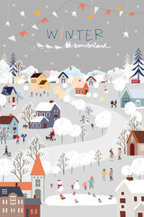 Christmas Background,Winter wonderland landscape with people celebration and kids having fun in city park,Vector illustration Cute cartoon village for greeting card or banner for Xmas or New Year 2024