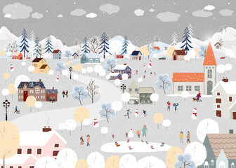 Christmas background,Winter Landscape in Christmas eves at night in City,Vector cute cartoon Winter Wonderland in the town,People celebration in the park on New Year,Banner Design for Holiday season