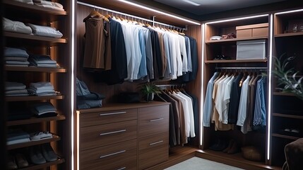 Elegant minimalist male walk in wardrobe with clothes hanging on rods, shelves and drawers. Dressing room with space for storing and organizing accessories.