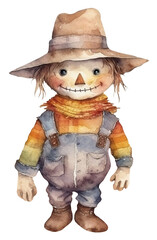 Watercolor illustration of a scarecrow. Harvest. Autumn. Transparent background, png. Ai generated.