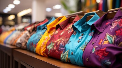 Many colorful shirts in a row in a retail store.