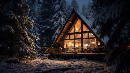 A cabin that is surrounded by snow and has lights on - obrazy, fototapety, plakaty