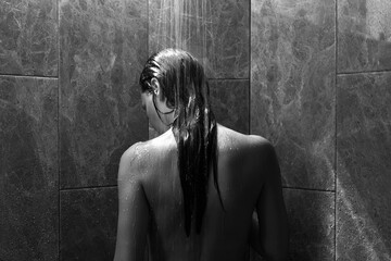 Naked wet girl in Shower. young Beautiful sexy woman - obrazy, fototapety, plakaty