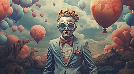A clown is wearing glasses and a bow tie as part of his attire - obrazy, fototapety, plakaty