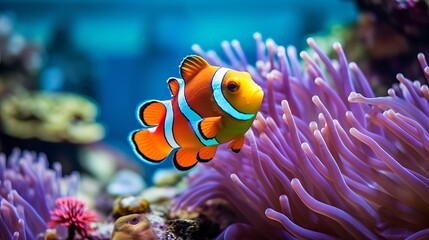 A coral reef that is colorful and features a fish swimming in the water