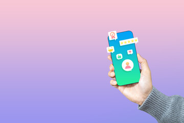 Hand hold mobile phone giving a five star rating with rating feedback scale. Concept of service rating, satisfaction and feedback