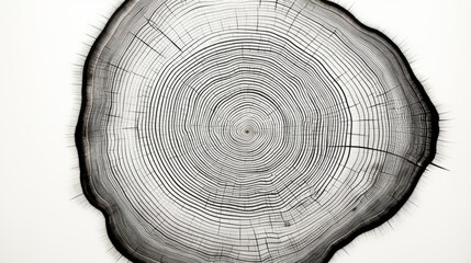A graphic print of uneven black tree rings, wavy space between some rings isolated on white background. Wood rings