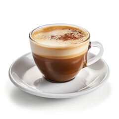 Cup of hot aromatic espresso coffee on white background, side view