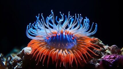 A sea anemone that has tentacles that are blue and have stripes of blue and orange