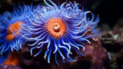 A sea anemone that has tentacles that are blue and have stripes of blue and orange