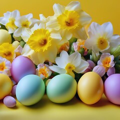 Easter eggs and daffodil flowers on a bright background. festive spring card.