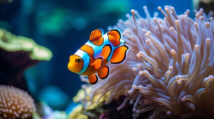 The artwork depicts a fish swimming in a coral reef
