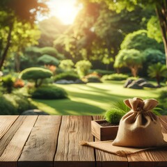 Nature's canvas for product display: wooden table amidst lush greenery. A serene backdrop for showcasing your items outdoors