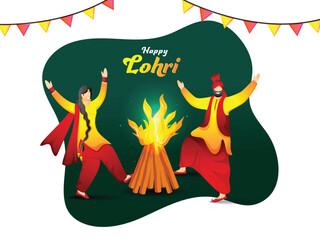 Happy Lohri Celebration Background with Cartoon Punjabi Couple Doing Bhangra Dance and Bonfire Illustration.