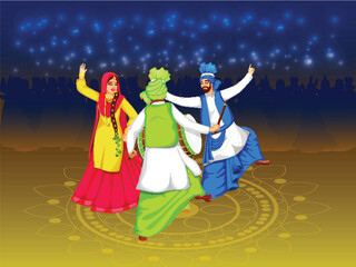 Illustration of Cheerful Punjabi People Doing Bhangra Dance with Dhol Instrument on Bokeh Lights Effect Blue and Yellow Background.