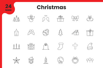 Illustration of Black Line Art Christmas Icon Set on White Background.