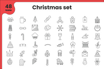 Illustration of 48 Christmas Icon Set in Stroke Style. - obrazy, fototapety, plakaty