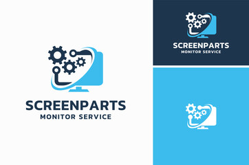 Gear Cog Wheel Component Spare Parts with Monitor for LCD LED Computer Screen Laptop Service Maintenance Repair Logo Design