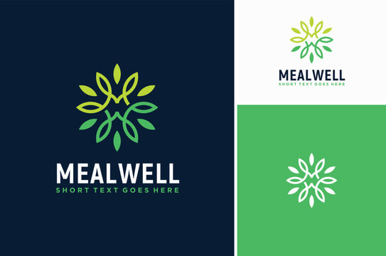 Circular Floral Leaves with Initial Letter MW WM Monogram for Organic Healthy Natural Food Nutrition Logo Design