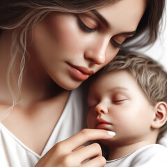 blond mother holding little baby. Woman holds child. Happy motherhood, childhood. mother's day. Portrait, close up