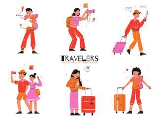 Fototapeta na wymiar Travelers Concept illustrations. Collection of scenes with men and women taking part in tourism activities. Perfect for Website and Mobile Application & other design works.