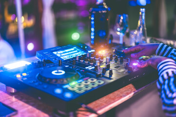 Dj mixing outdoor at new year's eve party festival - Holidays and nightlife party - Soft focus on...