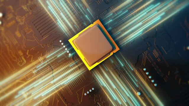 Concept animation of a high speed central processing unit (CPU) processing data on a circuit board